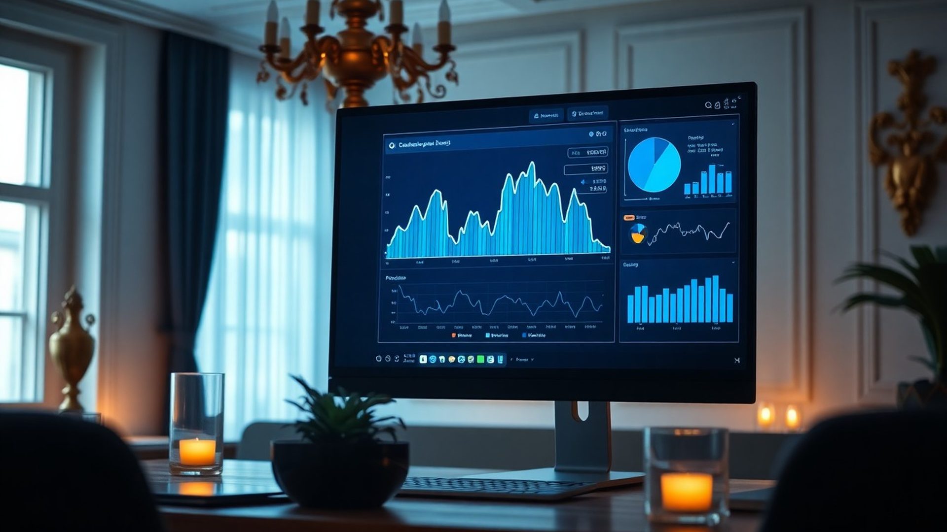 Analytický dashboard s modrými grafy organického provozu